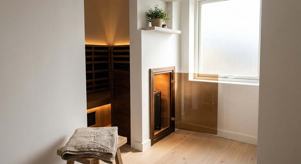 Indoor sauna cabin in warm-toned wood with dark slatted panels and a glass door, a compact fit for Best Sauna for Small Spaces.