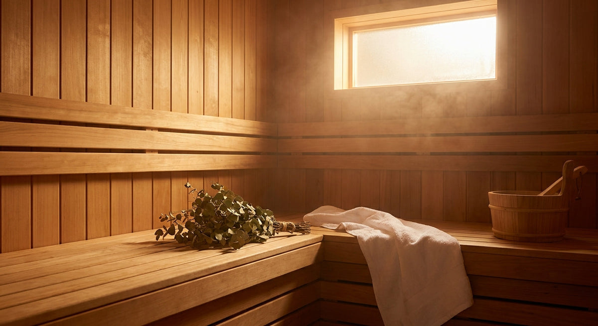 Sauna interior with warm-toned wooden paneling, tiered benches, leafy whisk, towel and bucket, illustrating Proven Health Benefits