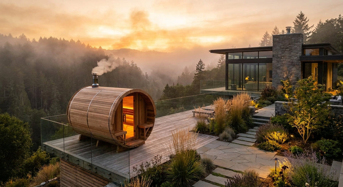 Home Sauna, a barrel-shaped wooden outdoor sauna with a glass door and glowing interior beside a modern stone-and-glass home.