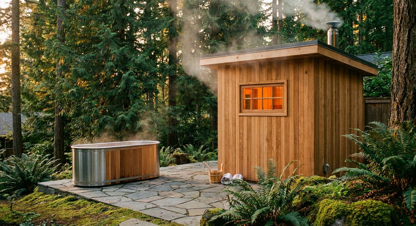A glowing cedar outdoor sauna cabin beside a cold plunge tub on a stone deck, surrounded by evergreen trees at golden hour.