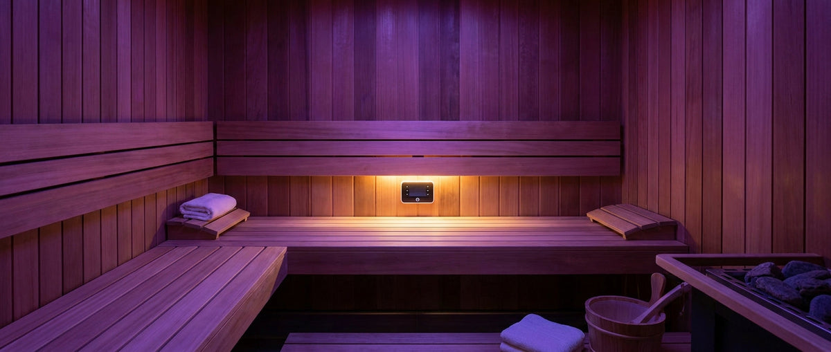 Sauna interior with warm wooden benches and purple chromotherapy lighting, featuring a digital control panel; Smart Sauna Technology in 2026