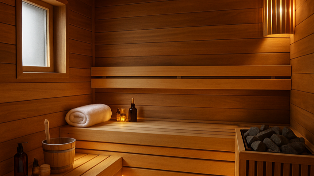 Wooden sauna with benches, towels, and a window.
