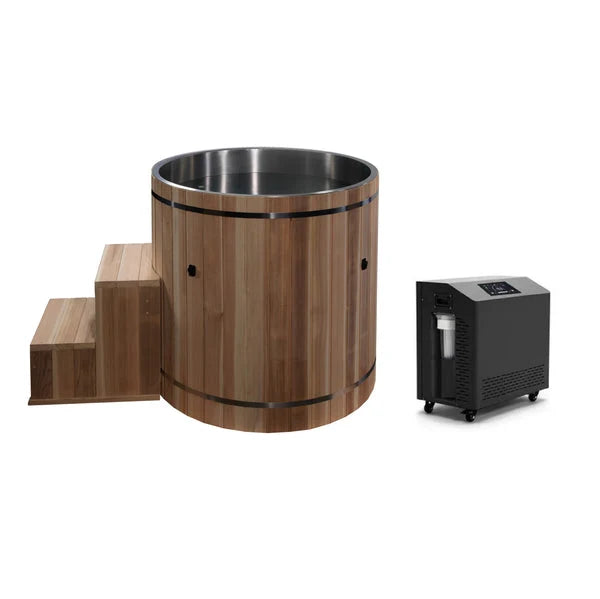 Dynamic Cold Therapy DCT-B-042-SSPC-34 Stainless Steel Barrel Cold Plunge with Pacific Cedar Exterior Dynamic Saunas