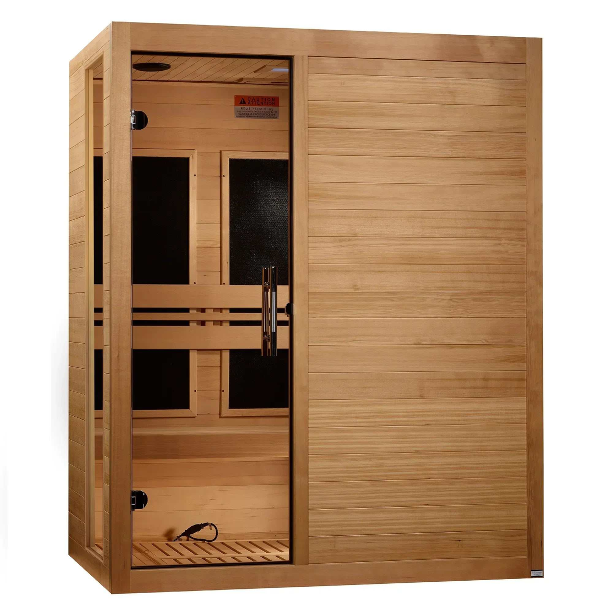 Infrared sauna, Dynamic Toscana Elite, in natural light wood with horizontal grain and a clear glass door