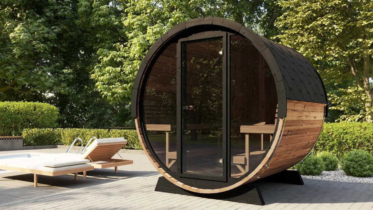 Outdoor barrel sauna in a luxury backyard wellness setting