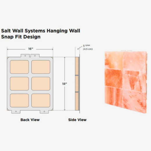 Himalayan salt wall panel with snap-fit design and dimensions for easy installation.