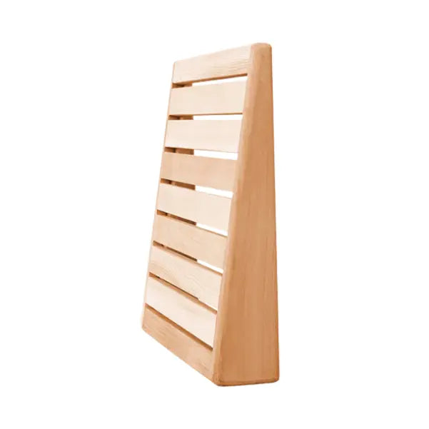 Angled wooden sauna headrest crafted from premium Western Red Cedar. Designed for ergonomic support and enhanced relaxation in sauna sessions.