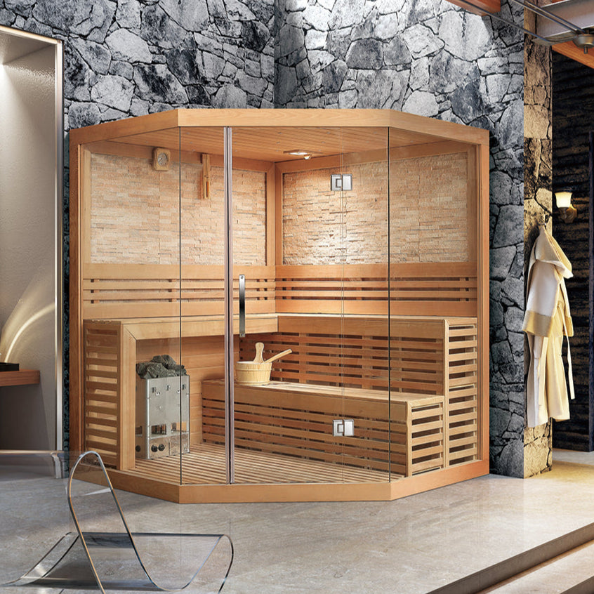 Full-glass traditional sauna with wide bench seating and Canadian Hemlock interior