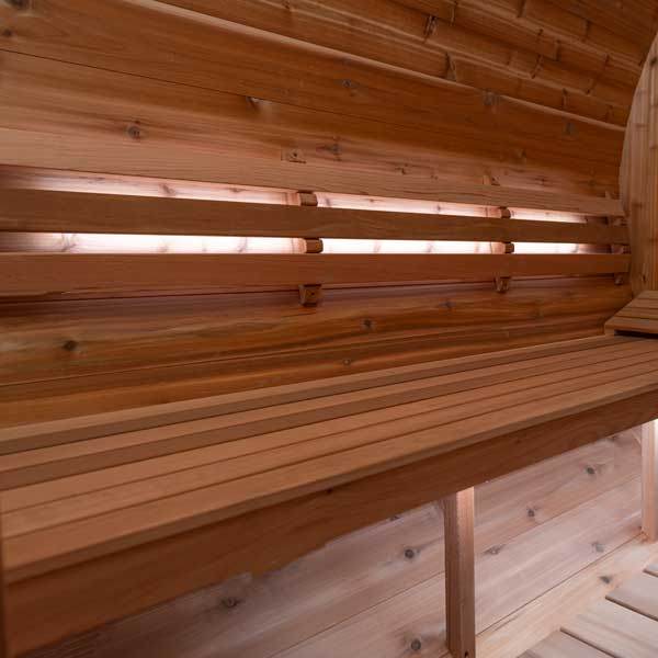 75-inch LED cedar backrest installed in sauna with natural light showing curved mount fit