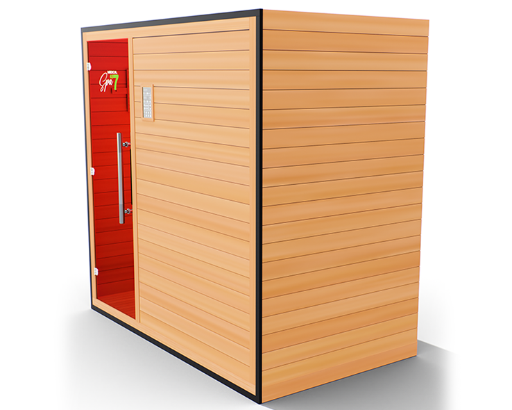 Close-up of rear structural panel of Commercial 487 Infrared Sauna with wood finish and ventilation