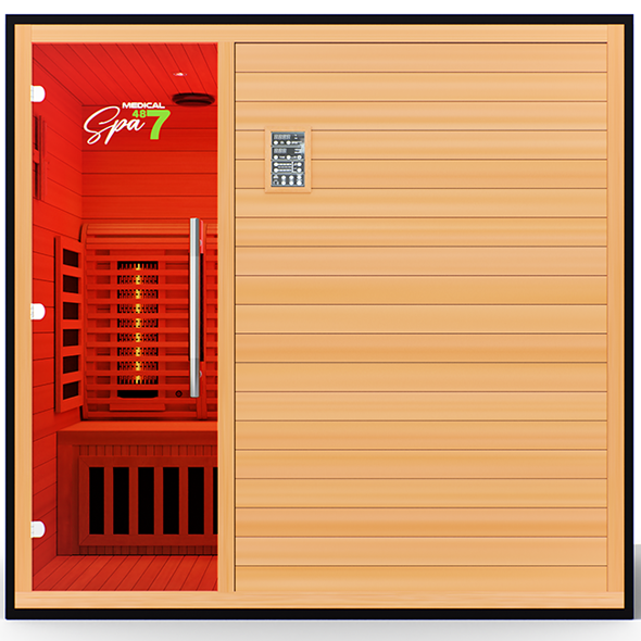 Front view of Commercial 487 Infrared Sauna showing control panel placement and infrared heater grid
