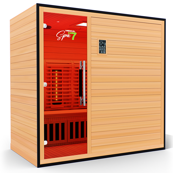 Front-right angle of Commercial 487 Infrared Sauna showing glowing Spa 7 branding and red-lit interior