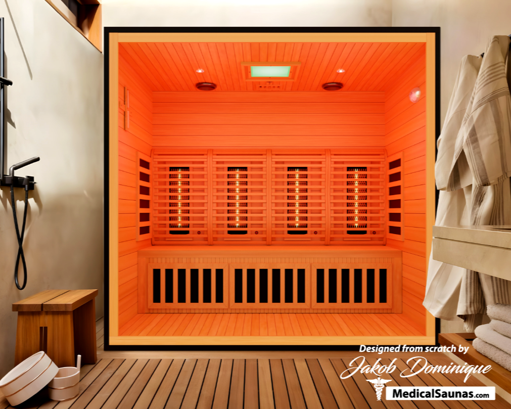 Commercial 487 Infrared Sauna installed outdoors on luxury patio beside yoga mat and fitness setup