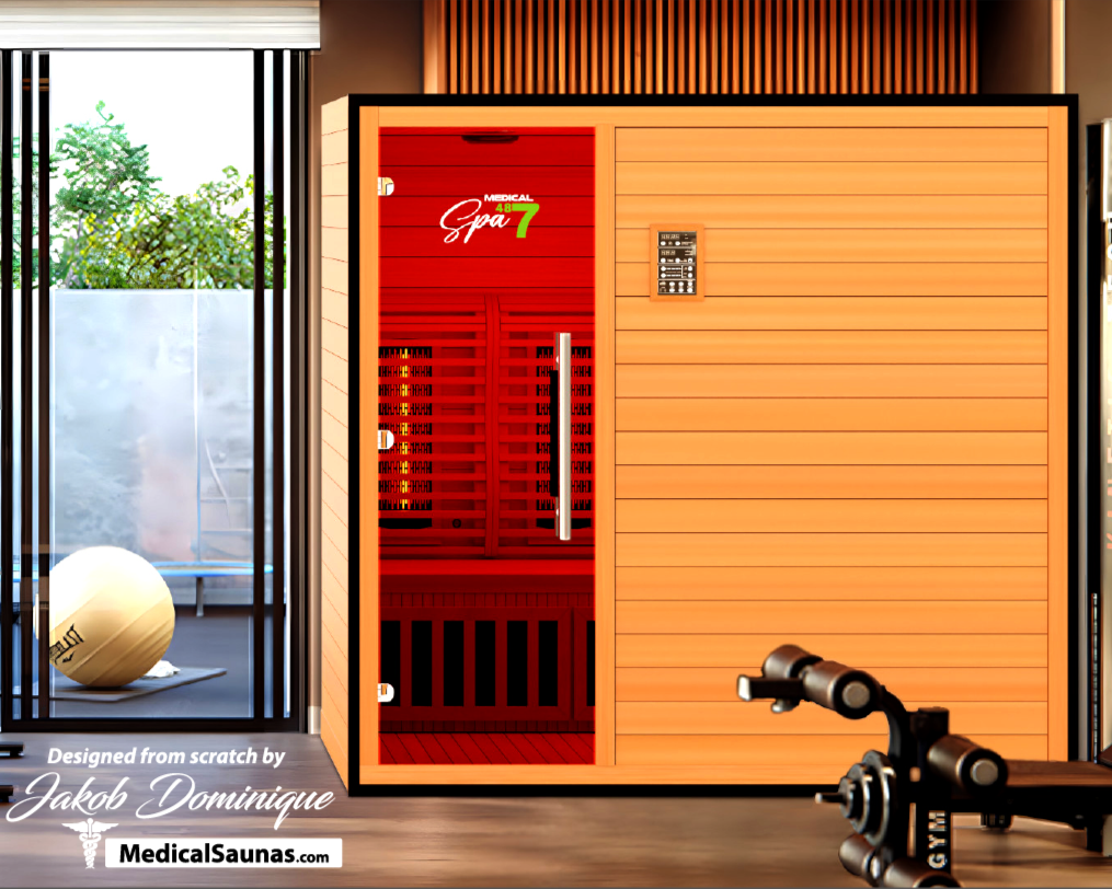 Commercial 487 Infrared Sauna installed in spa room with wood walls and warm recessed lighting