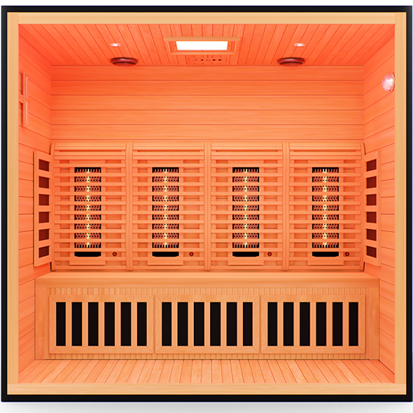 Interior of Commercial 487 Infrared Sauna showing spacious 3-person seating and full-spectrum infrared heaters