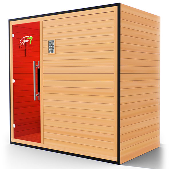Left corner angle of Commercial 487 Infrared Sauna showing side panel and tempered glass door
