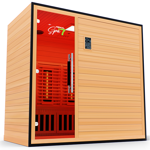 Angled left front of Commercial 487 Infrared Sauna with Spa 7 logo and compact footprint
