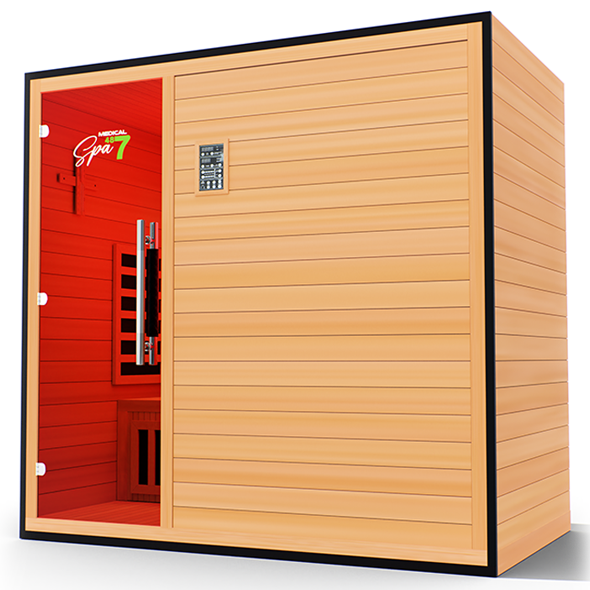 Rear left view of Commercial 487 Infrared Sauna highlighting solid Hemlock wood paneling