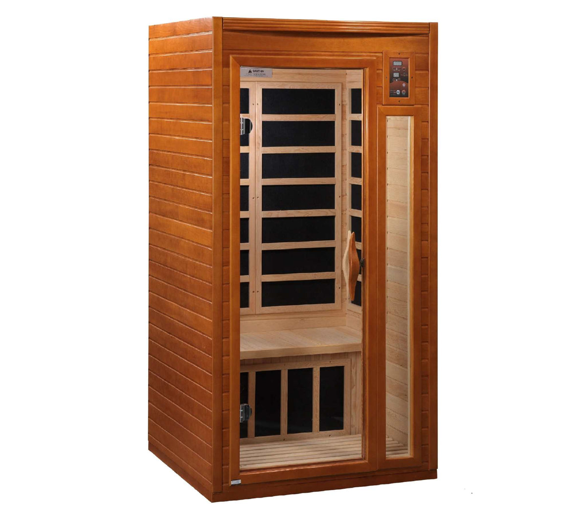 Dynamic Barcelona Elite infrared sauna in warm reddish-brown wood, with a clear glass door and vertical side window