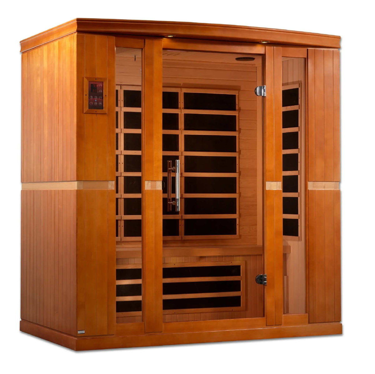 Dynamic Bergamo 4-person infrared sauna in warm Canadian hemlock wood with a bronze-tinted glass door and dark heater panels