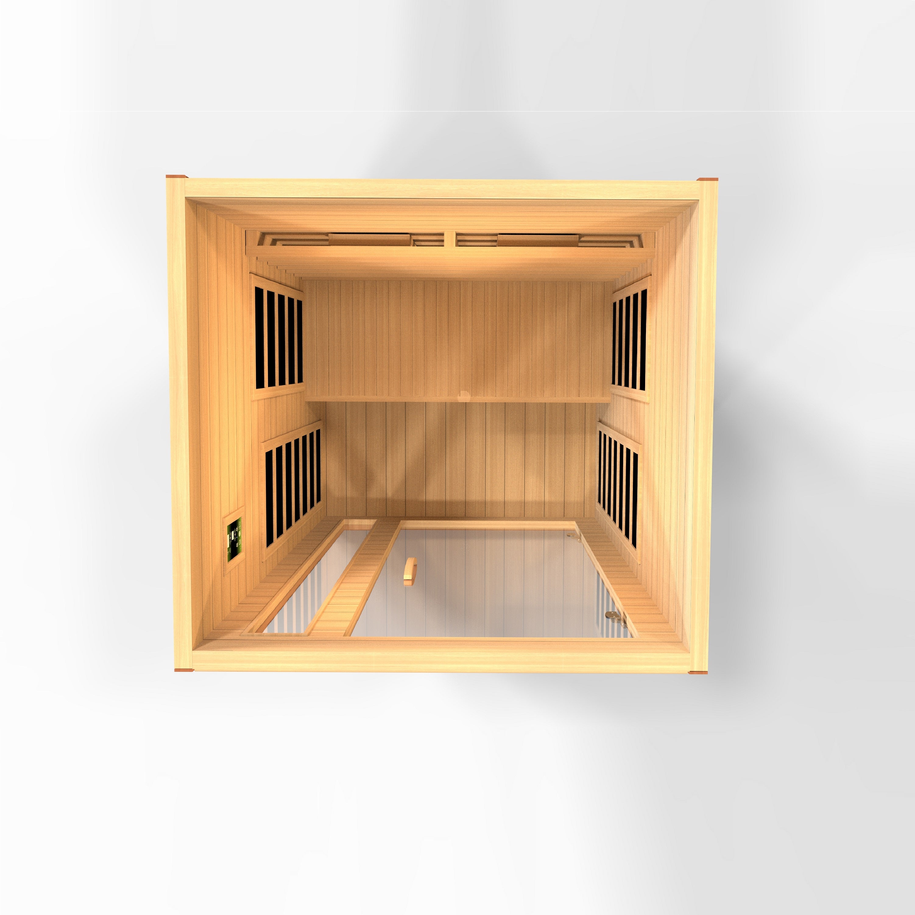 Overhead interior view of the Dynamic Cardoba 2-Person infrared sauna with bench and heater placement