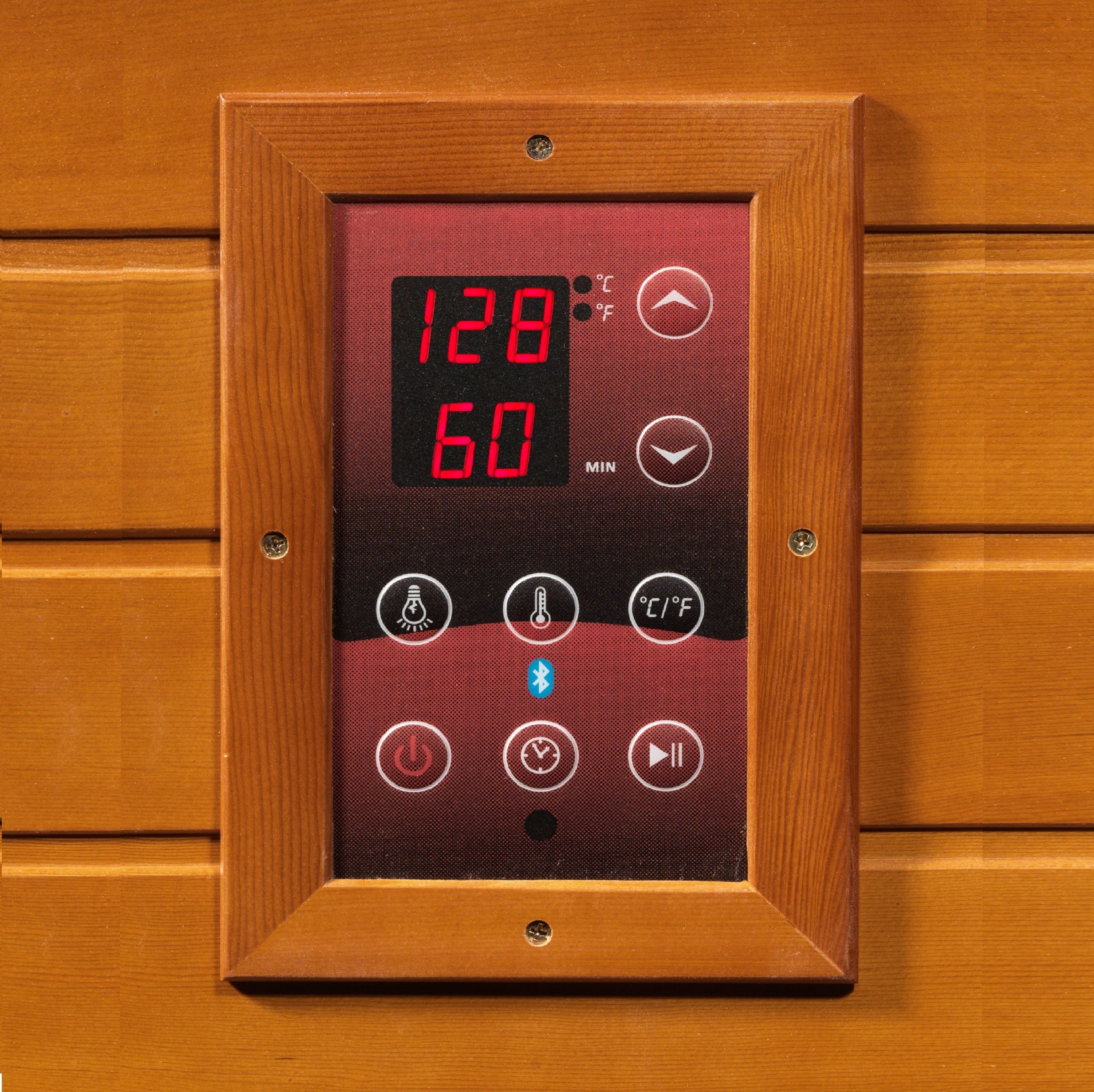 LED digital control panel of the Dynamic Cardoba 2-Person full spectrum infrared sauna with Bluetooth icons