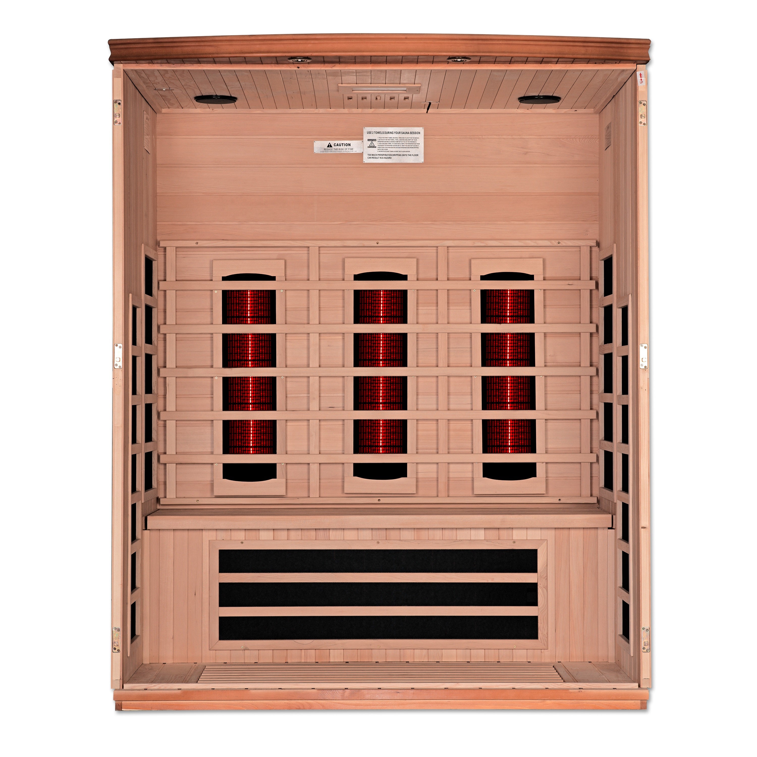 Rear panel view of Dynamic Lugano 3-Person infrared sauna with ventilation and heating elements