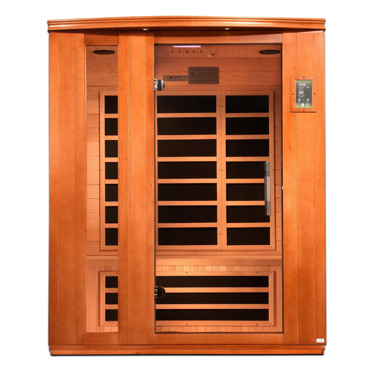 Dynamic Lugano Elite infrared sauna in orange-brown hemlock wood with dark glass and horizontal black heating panels