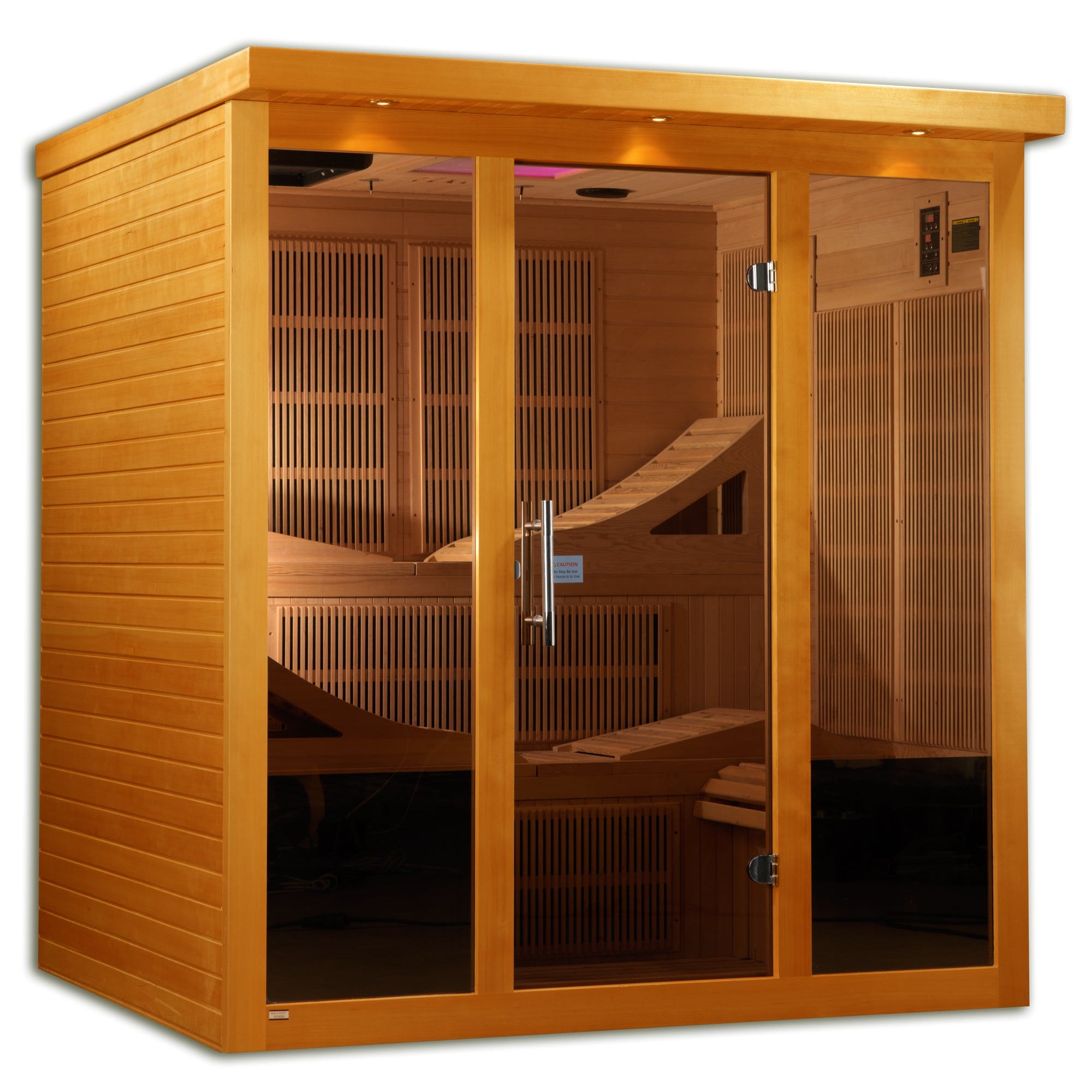 Monaco Elite 6-person home infrared sauna in Canadian Hemlock with tempered glass door three-quarter left view