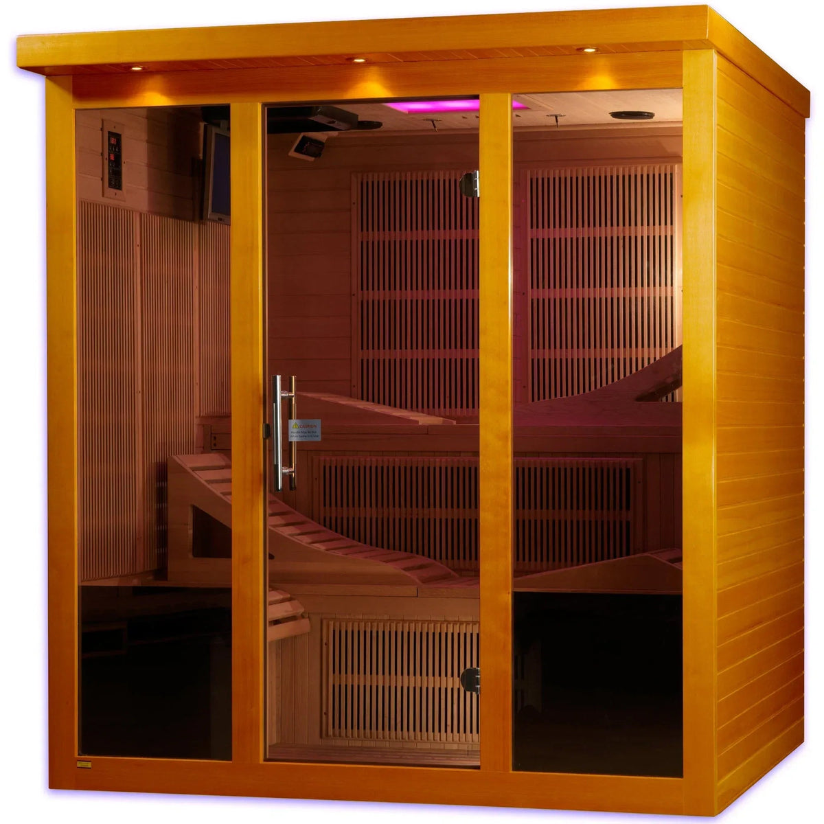 Dynamic Monaco Elite infrared sauna in golden wood with bronze-tinted glass doors and visible interior benches and heating panels