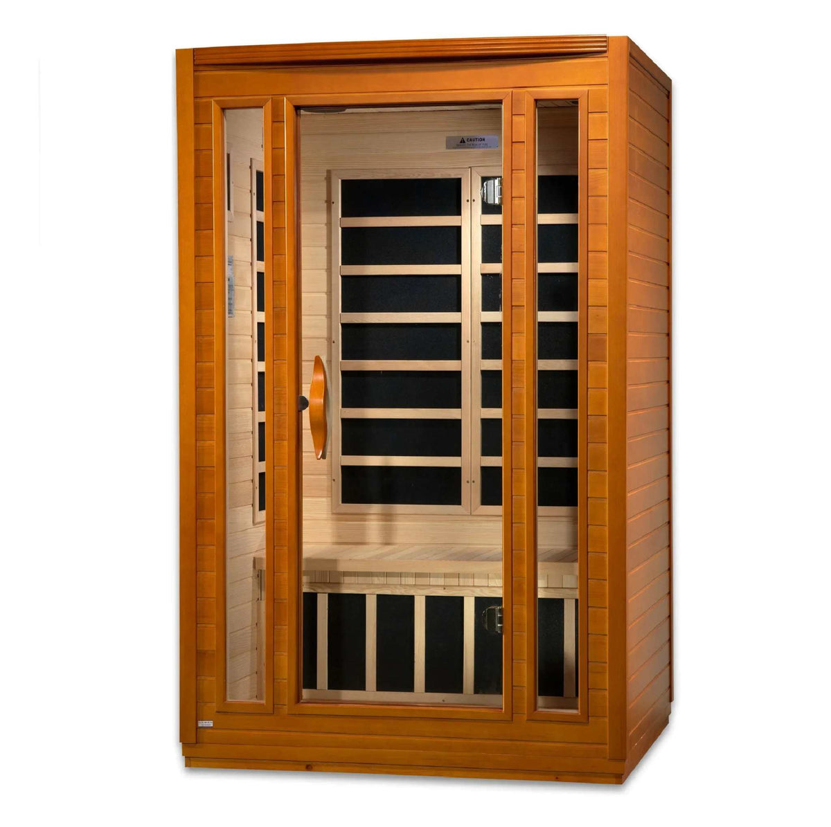 Dynamic San Marino Elite two-person infrared sauna in warm hemlock wood, with clear glass door and dark heating panels