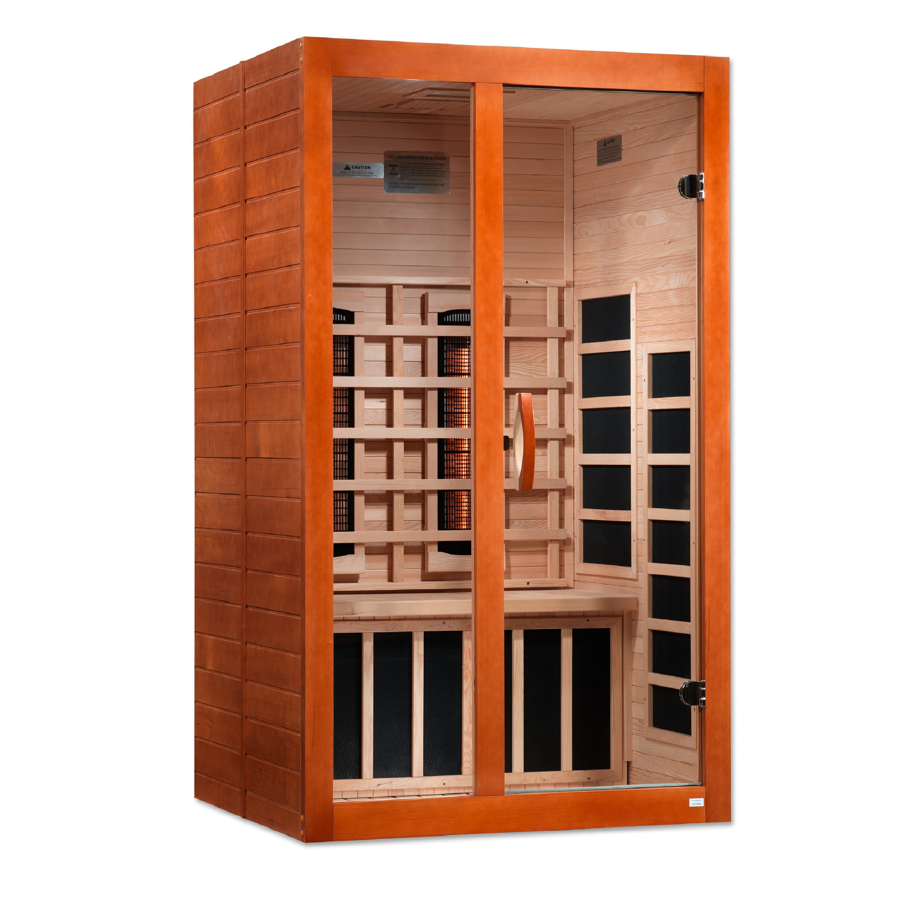 Angled left view of Dynamic Santiago 2-Person infrared sauna showing compact footprint and glass door