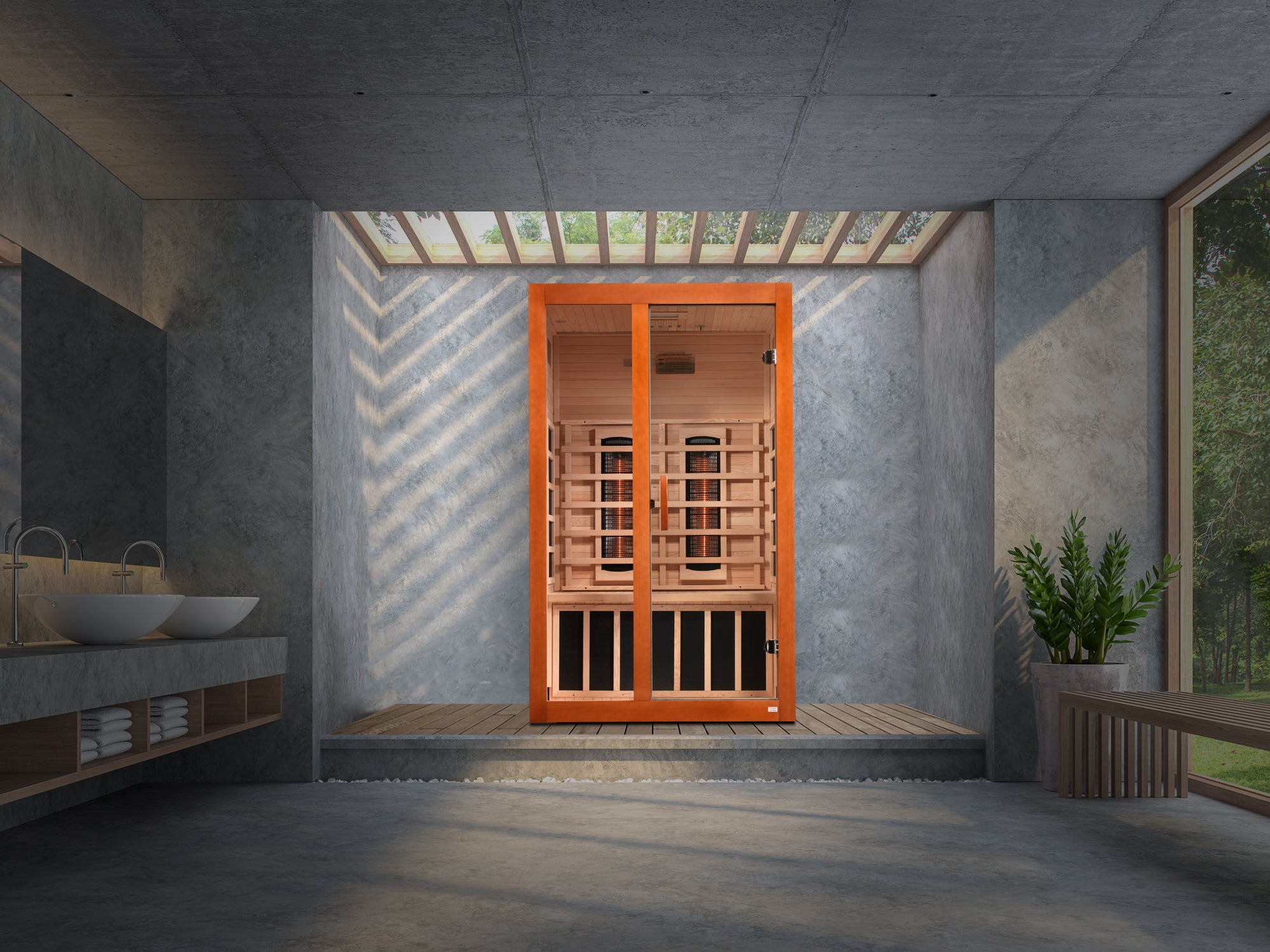 Dynamic Santiago 2-Person infrared sauna installed in a modern home wellness room