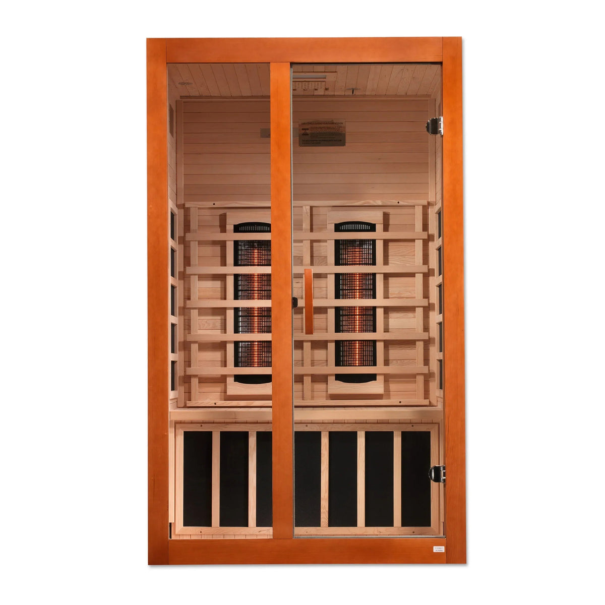 Dynamic Santiago 2-Person infrared sauna with warm-toned wooden frame, clear glass door, and visible interior heater panels