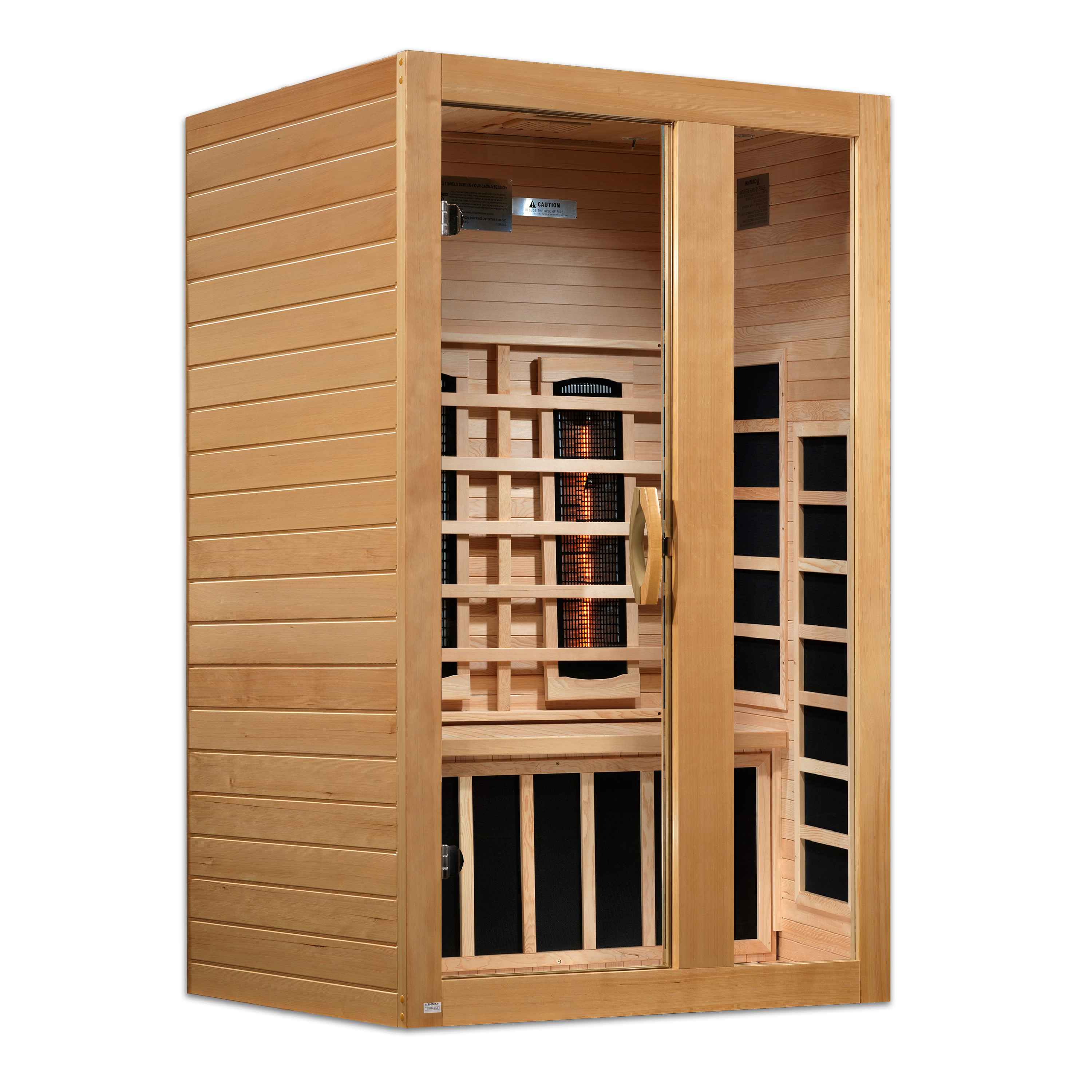 Angled left view of Dynamic Serena 2-Person infrared sauna showing compact Canadian Hemlock design