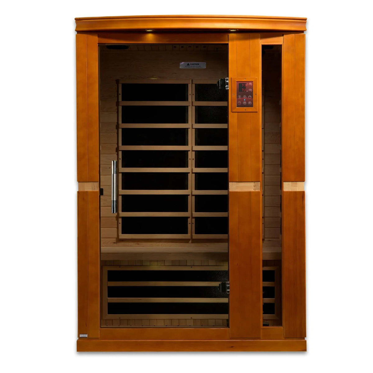 Dynamic Vittoria 2-person Low EMF FAR Infrared Sauna in warm honey-brown wood, with glass door and visible black heater panels.