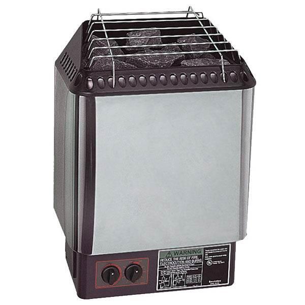 Sauna heater in stainless steel with dark edging, exposed sauna stones, metal guard rails and two built-in controls