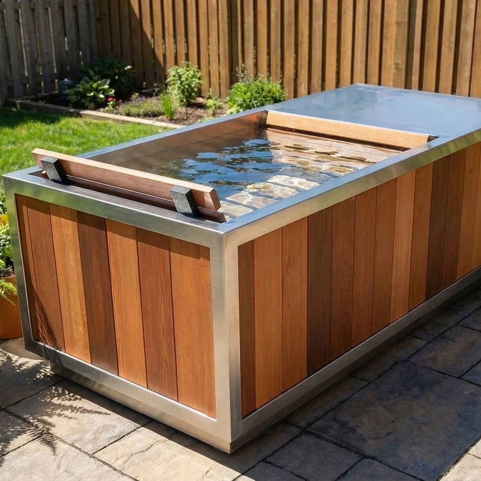 Finnmark SoulCold cold and hot plunge filled with water on an outdoor patio