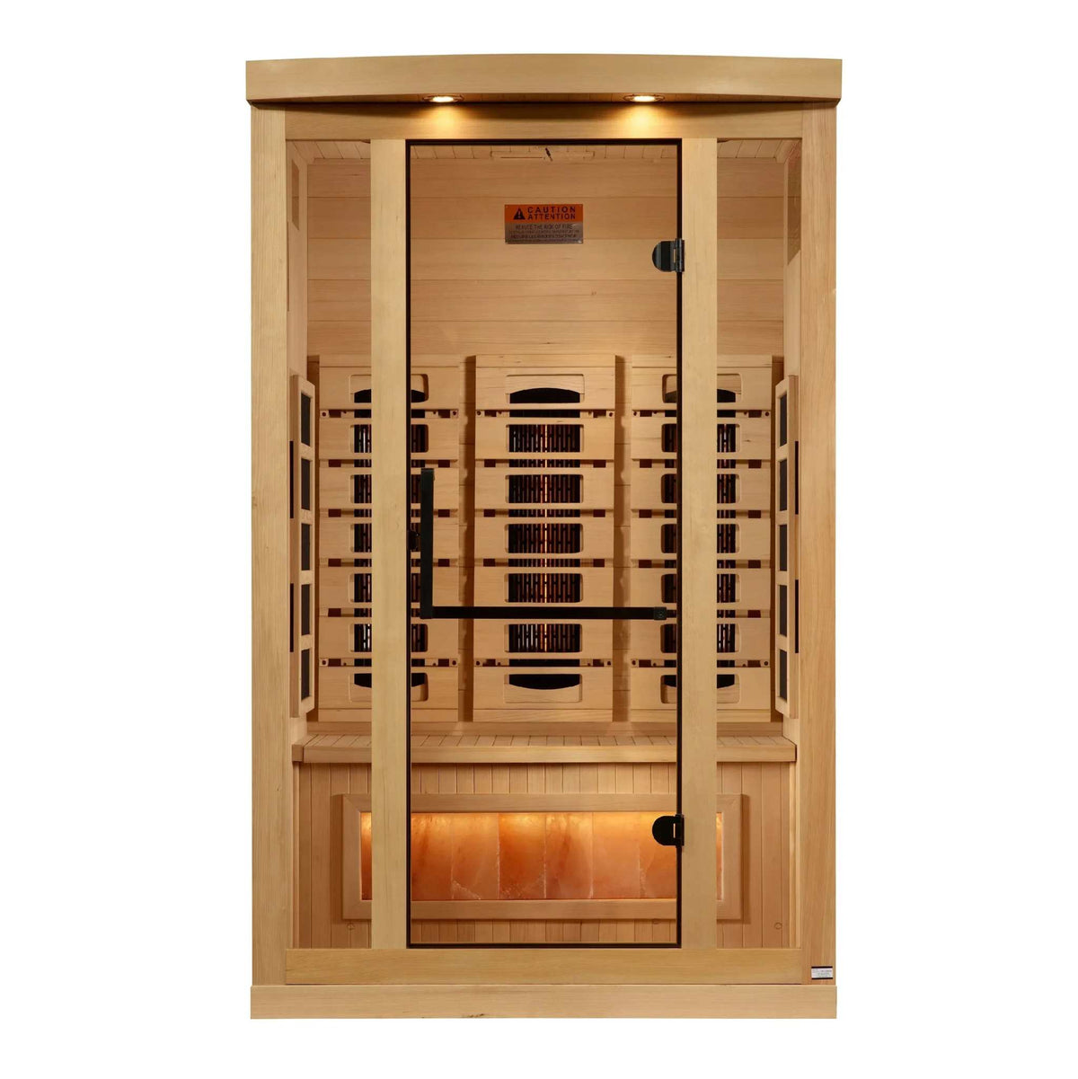 Infrared sauna in natural light wood with a glass front, visible heater panels, and a glowing salt bar; Golden Designs 2-Person