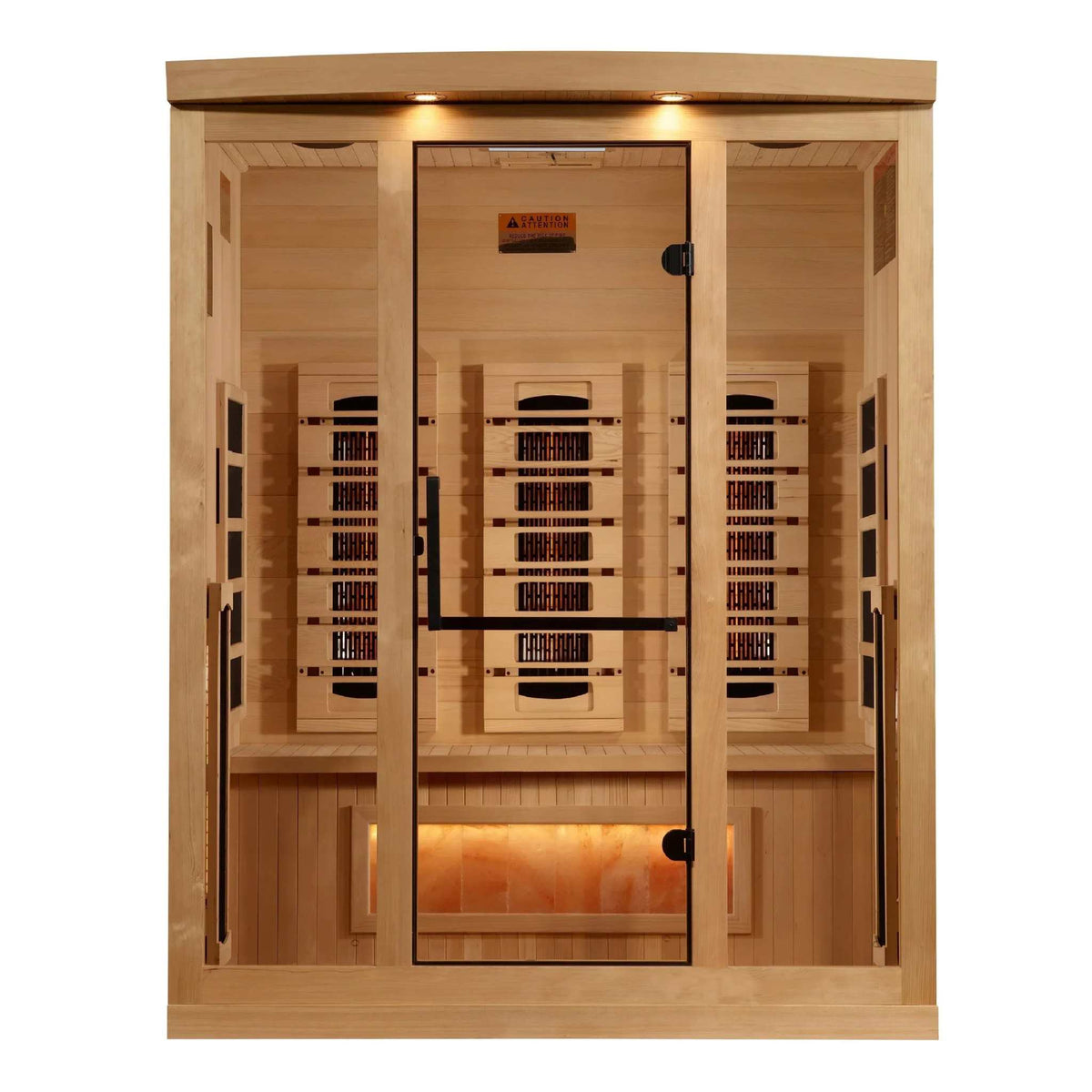 Golden Designs 3-Person infrared sauna in natural wood with glass front door, visible heater panels and glowing salt bar