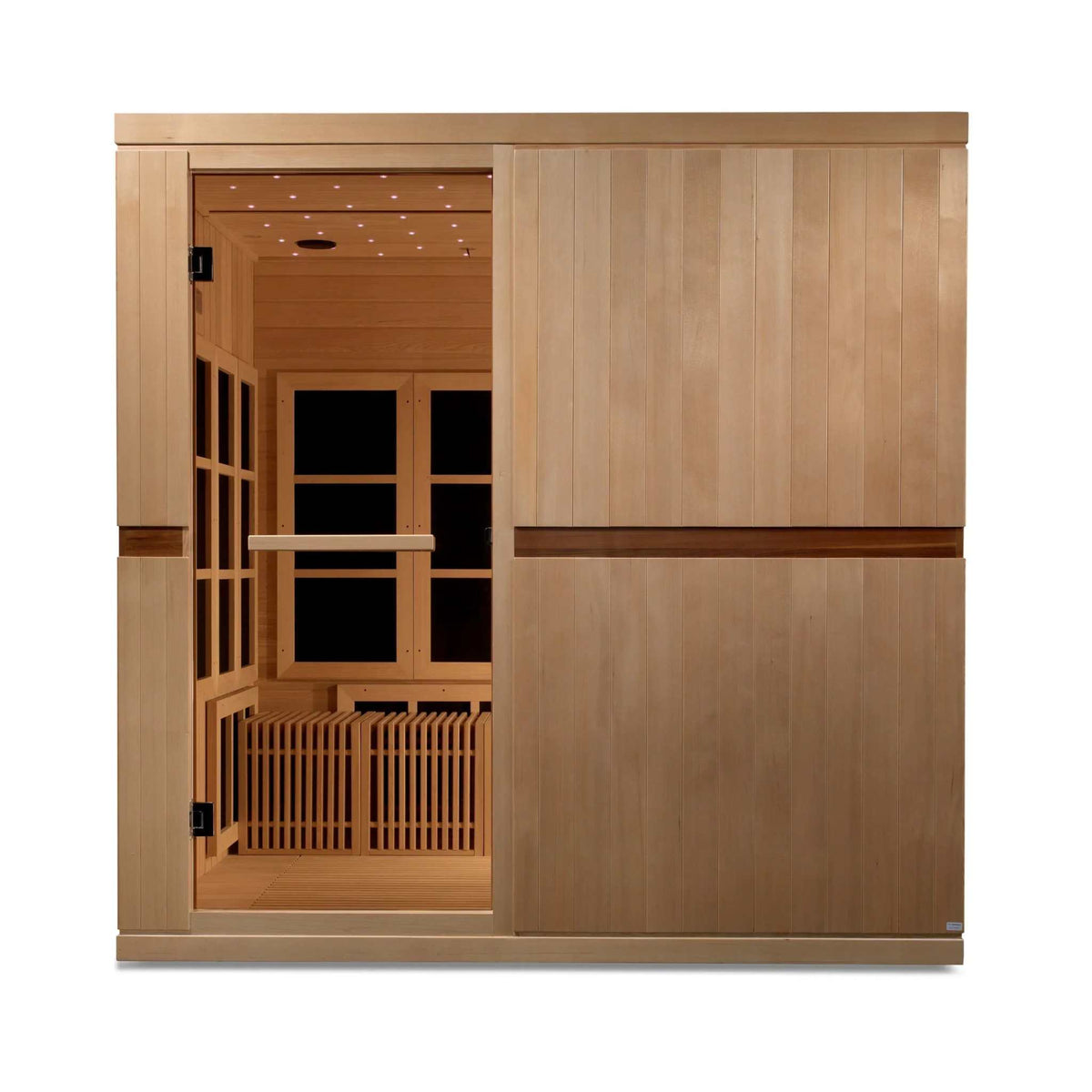 Golden Designs Catalonia infrared sauna with light natural wood panels, dark bronze glass, and a starry ceiling