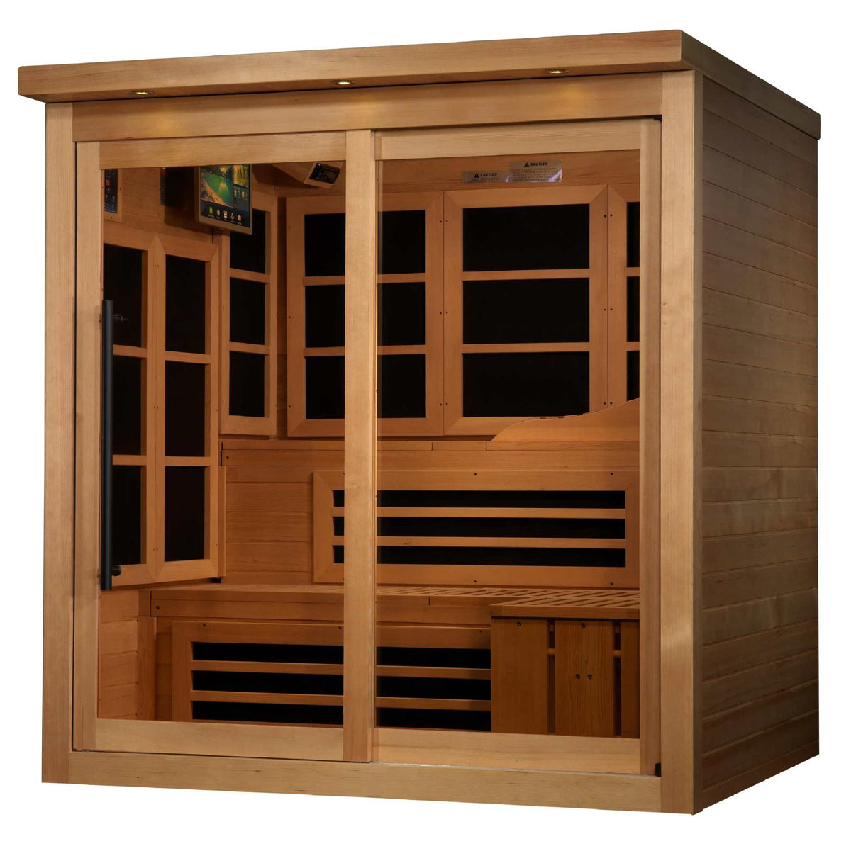 Infrared sauna, Golden Designs Monaco Limited Edition, with warm hemlock wood, bronze-tinted glass and spacious bench seating