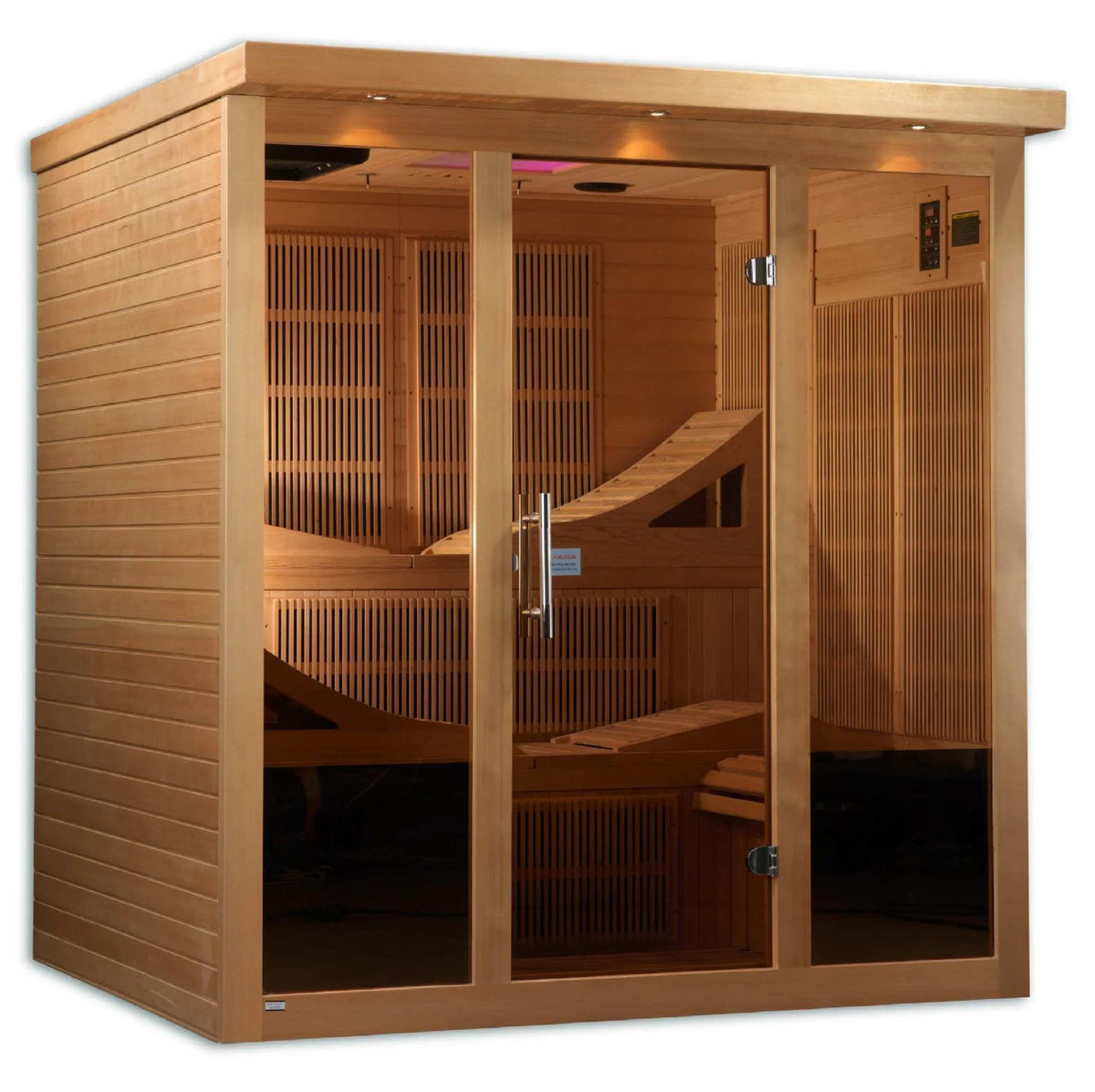 Golden Designs Monaco infrared sauna in warm natural wood with bronze-tinted glass door and visible slatted heater panels