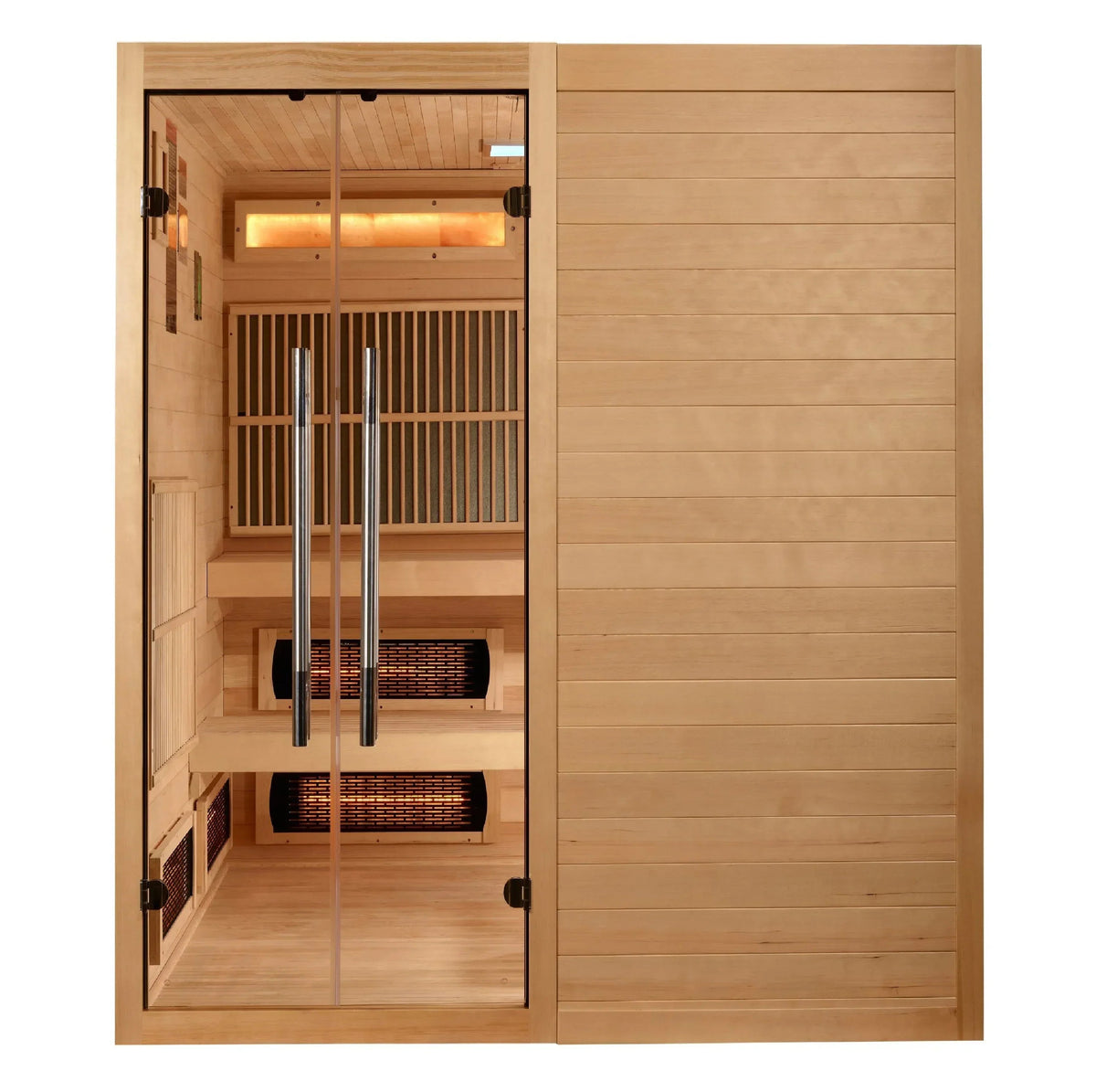 Golden Designs Toledo 6 Person sauna with light hemlock wood panels, glass door, and visible infrared heating elements
