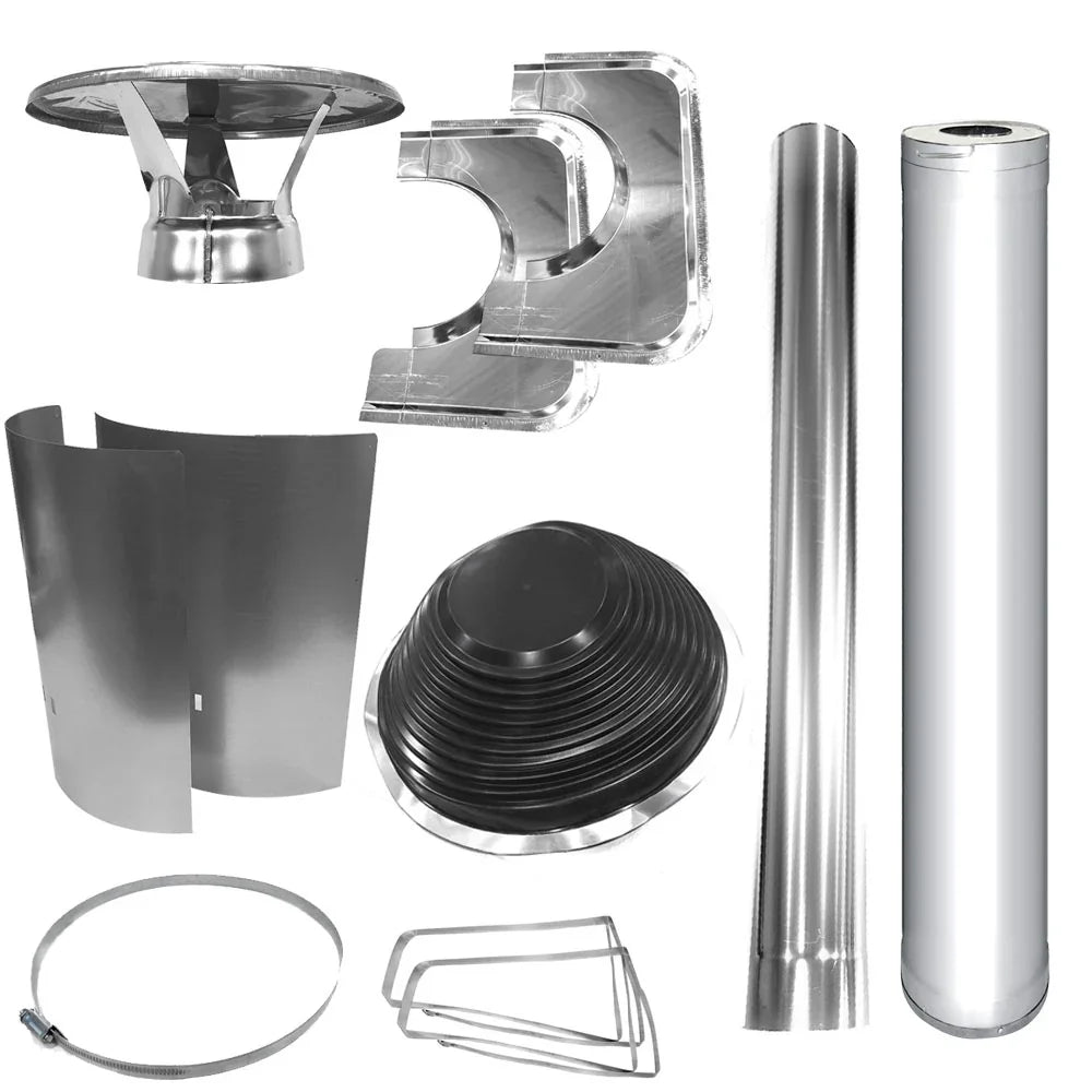 Harvia WHP1000500 stainless sauna chimney and assembly kit with chimney pipe, roof flashing, rain cap, and mounting components