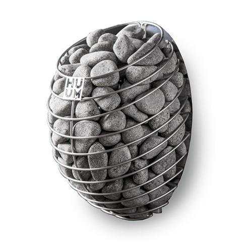 HUUM DROP 6kW Electric Sauna Heater with a silver stainless steel wire basket packed with gray sauna stones in a teardrop shape