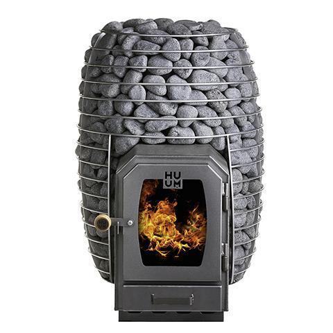 HUUM HIVE Wood Series wood-fired sauna stove with a dark steel firebox, tall wire stone basket and rounded grey stones