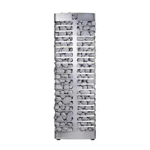 HUUM STEEL 6kW Electric Sauna Heater in a slim stainless-steel vertical cage filled with grey sauna stones
