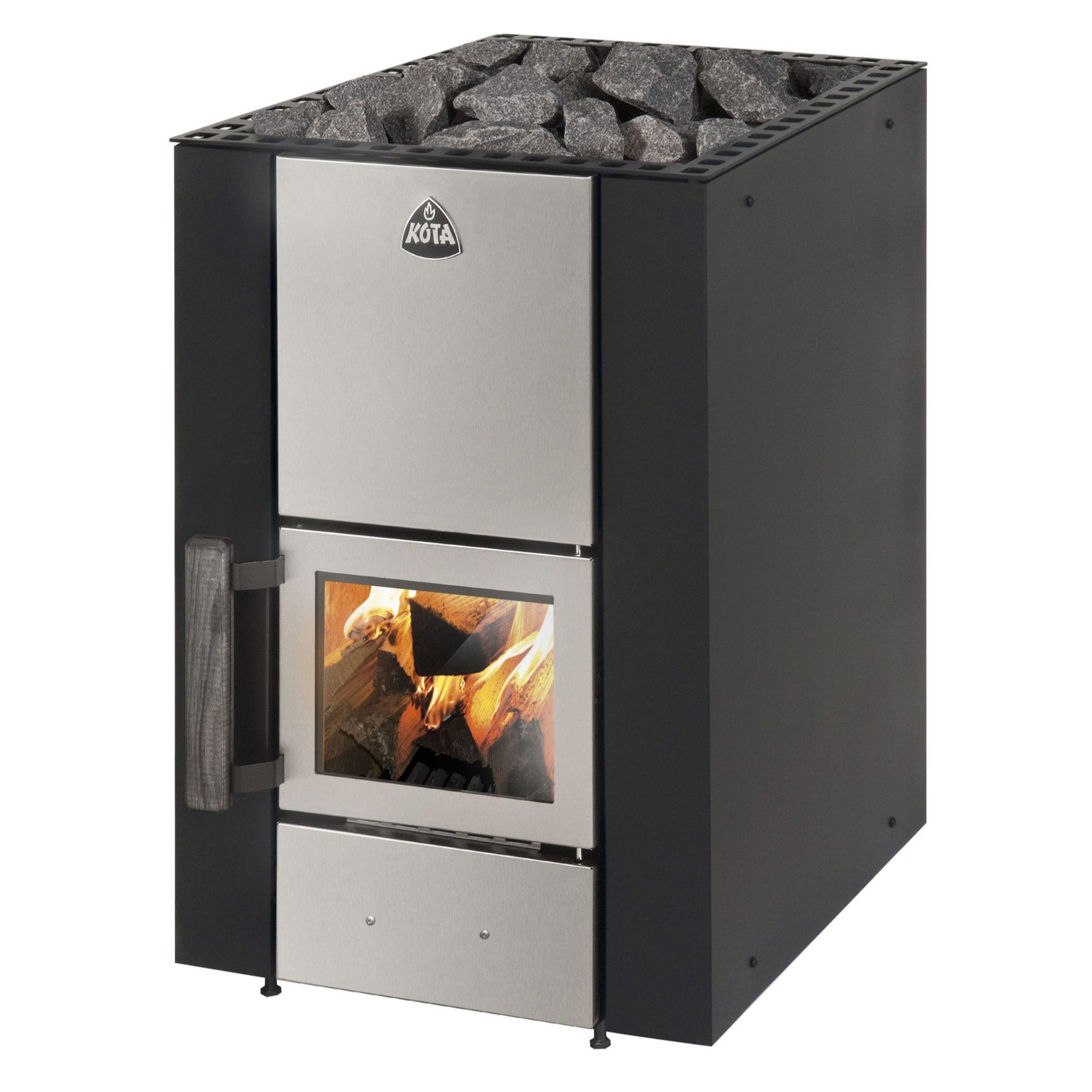 Kota Kuru wood-burning sauna heater with black sides, stainless steel front, and visible firebox, topped with sauna stones