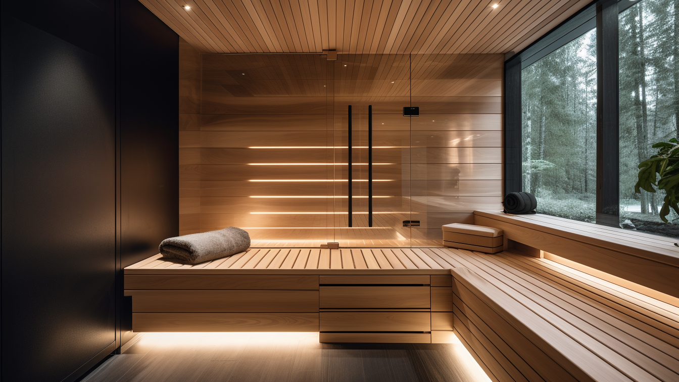 Modern luxury sauna with wood interior and large glass windows overlooking forest landscape